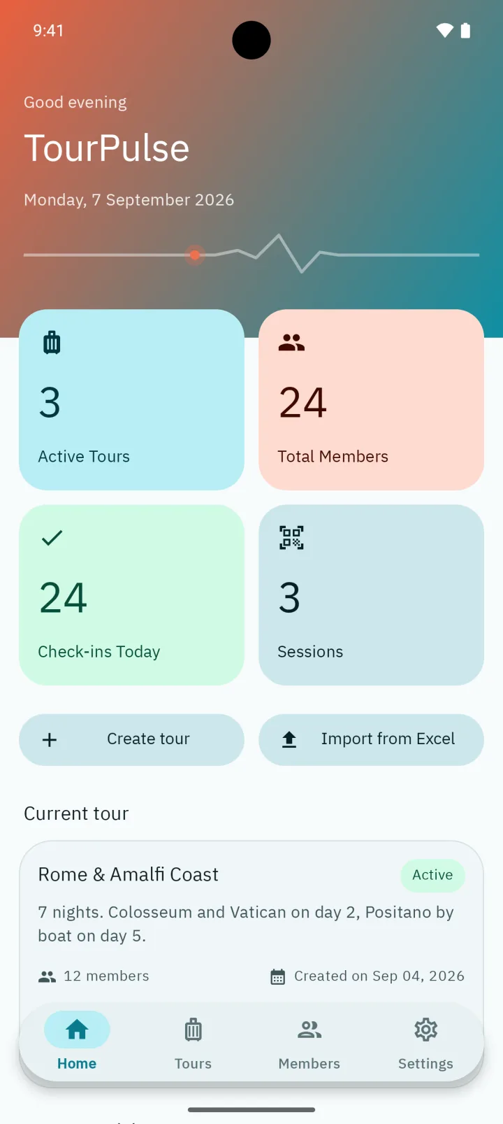TourPulse home screen: today's greeting, counts of tours and members, and the active hotel check-in session