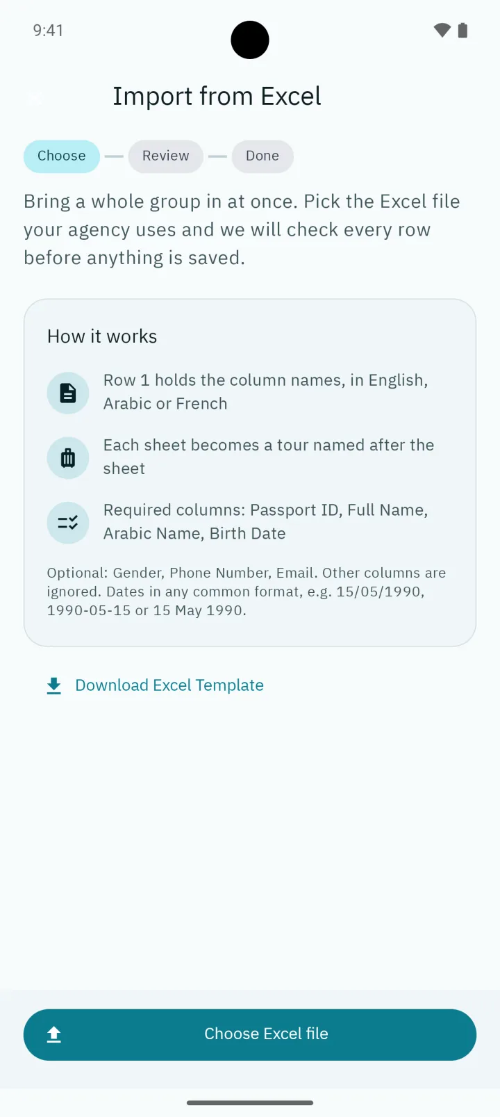 The Excel import review step: sheets found in the file, members per sheet, and rows with issues listed before importing