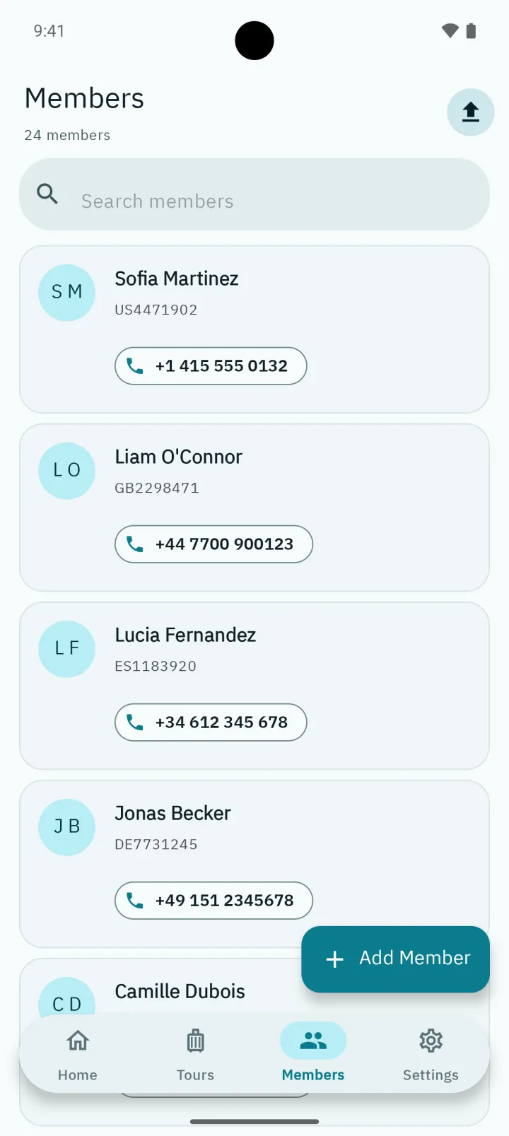 Members screen: searchable list of all members with passport IDs and quick add and import actions