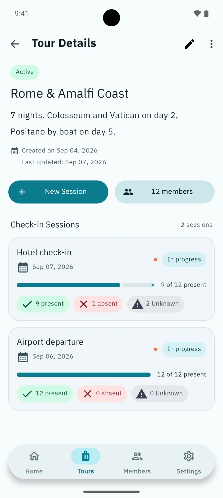 Tour detail screen: member count, check-in sessions with their status, and the members list
